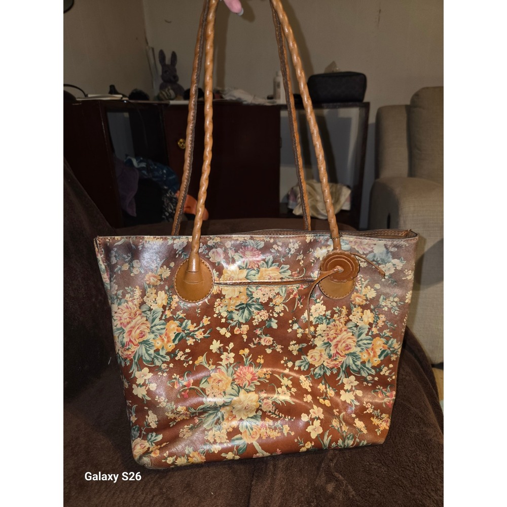 84. Patricia Nash Floral Leather Tote Bag Brown Vintage Style Braided Straps